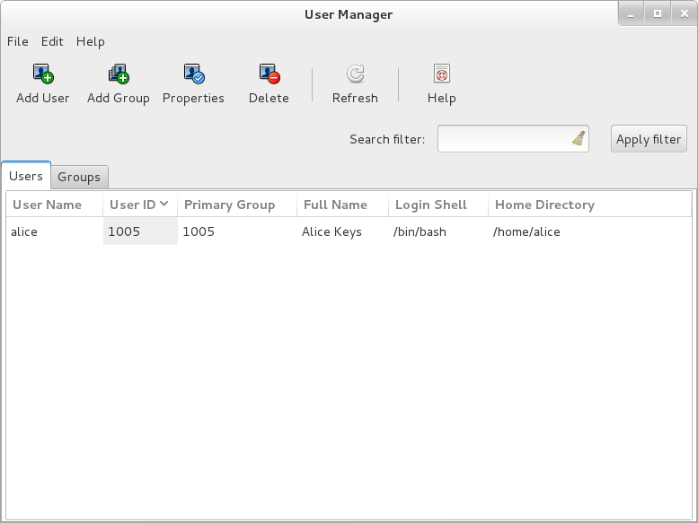 The figure shows the User Manager GUI with the Users tab selected. The figure shows the User Manager GUI with the Users tab selected.