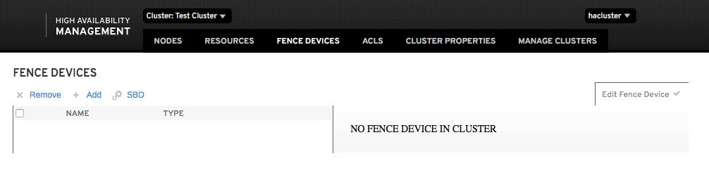 The image partially shows the Fence Devices page that contains options to add or remove a fencing configuration, or to specify an SBD fencing. Existing fence configurations are listed on the page with their corresponding information. The image partially shows the Fence Devices page that contains options to add or remove a fencing configuration, or to specify an SBD fencing. Existing fence configurations are listed on the page with their corresponding information.