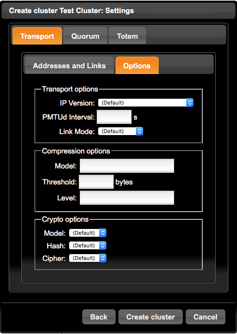 The image shows the group of options for configuring a cluster's transport mechanism. The group options are transport, compression, and crypto. Each group has its corresponding definable parameters. The image shows the group of options for configuring a cluster's transport mechanism. The group options are transport, compression, and crypto. Each group has its corresponding definable parameters.