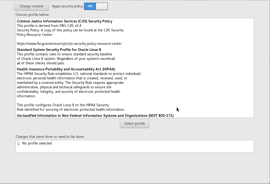 An image of the Security Policy screen, which lists the predefined security policies, or profiles, that are available, and the various settings and options that you can configure in this screen. An image of the Security Policy screen, which lists the predefined security policies, or profiles, that are available, and the various settings and options that you can configure in this screen.