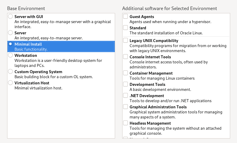 The image shows the options on the Software Selection screen. A pane on the left side contains a list of base environments, while a pane on the right side contains a list of add-ons for the selected base environment. Each base environment has a corresponding radio button, while each add-on has its own checkbox. The image shows the options on the Software Selection screen. A pane on the left side contains a list of base environments, while a pane on the right side contains a list of add-ons for the selected base environment. Each base environment has a corresponding radio button, while each add-on has its own checkbox.