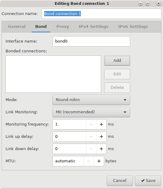 The figure shows the Network Connections interface editor open and ready to configure a new bonded network interface. The figure shows the Network Connections interface editor open and ready to configure a new bonded network interface.