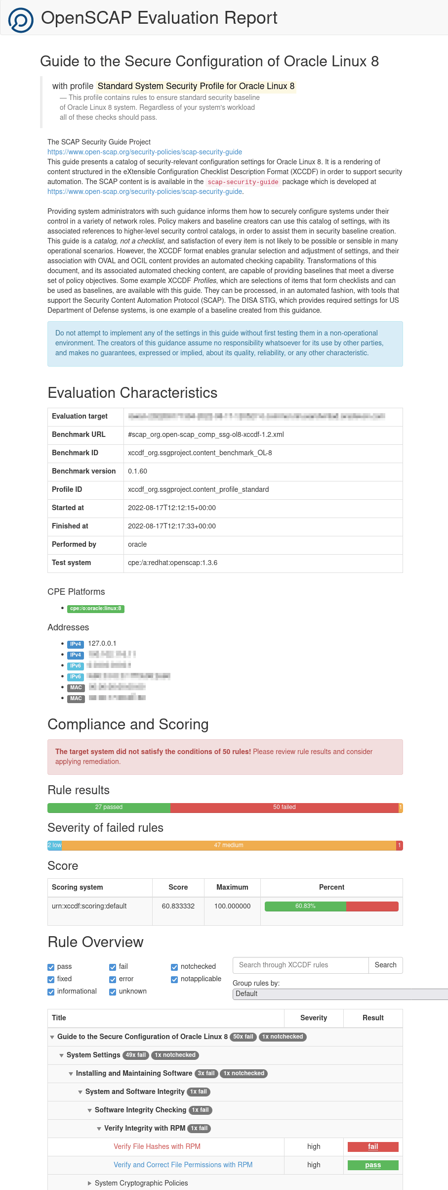 The image shows a partial view of the HTML version of a scan report generated by oscap. The top of the report contains the title and the report description. A summary information is provided based on evaluation characteristics, overall score with regards to compliance, and the severity of any reported failed flags. The rest of the report contains more detailed information about each scan action. The image shows a partial view of the HTML version of a scan report generated by oscap. The top of the report contains the title and the report description. A summary information is provided based on evaluation characteristics, overall score with regards to compliance, and the severity of any reported failed flags. The rest of the report contains more detailed information about each scan action.