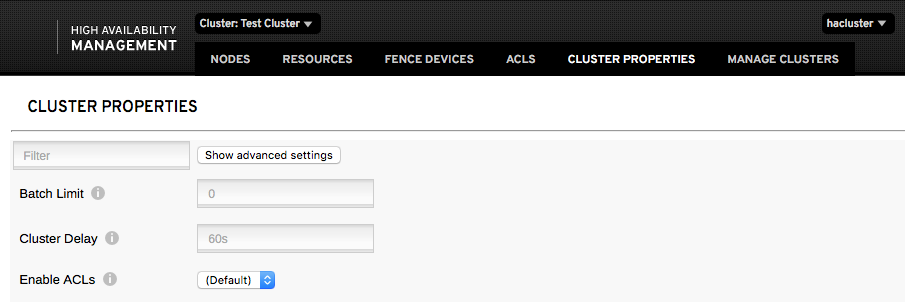The image partially shows the Cluster Properties page that lists basic configurable properties of the cluster. Properties have associated fields on which you can enter values as well as corresponding information icons (i) that provide short descriptions of the properties. A Show advanced settings button displays more configurable properties. The image partially shows the Cluster Properties page that lists basic configurable properties of the cluster. Properties have associated fields on which you can enter values as well as corresponding information icons (i) that provide short descriptions of the properties. A Show advanced settings button displays more configurable properties.