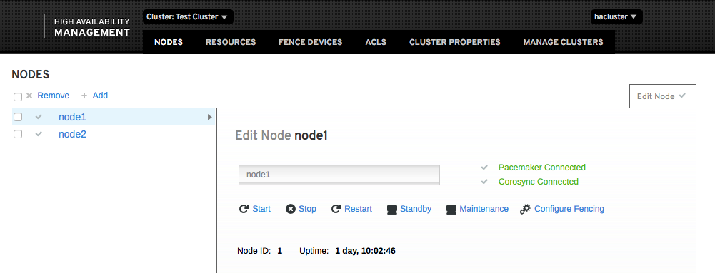 The image partially shows the Nodes page that lists the nodes of the selected cluster and displays information about each node. The page's menu bar also includes menu items for configuring resources, fence devices, ACLs, and cluster properties. The final menu item is Manage Clusters that brings the user back to the Manage Cluster page. On the Node page itself, the administrator can start, stop, or restart the node; put the node on standby or maintenance mode; and configure the node for the fencing feature. The image partially shows the Nodes page that lists the nodes of the selected cluster and displays information about each node. The page's menu bar also includes menu items for configuring resources, fence devices, ACLs, and cluster properties. The final menu item is Manage Clusters that brings the user back to the Manage Cluster page. On the Node page itself, the administrator can start, stop, or restart the node; put the node on standby or maintenance mode; and configure the node for the fencing feature.