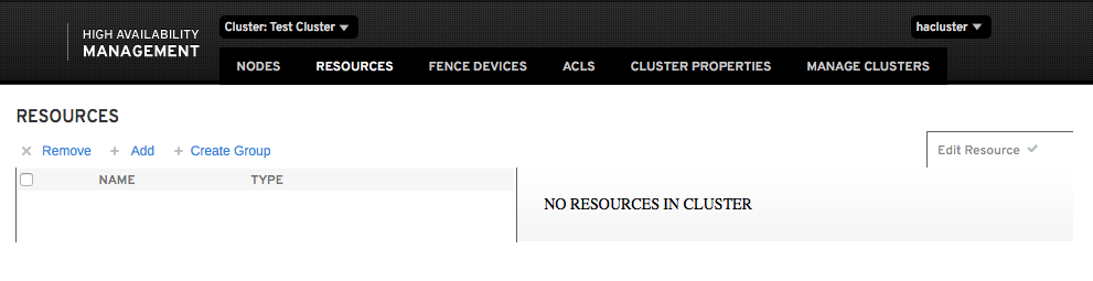 The image partially shows the Resources page that contains options to add or remove resources and services for the cluster's operations. Further, an option is available to create a group to which different resources can be added. The image partially shows the Resources page that contains options to add or remove resources and services for the cluster's operations. Further, an option is available to create a group to which different resources can be added.