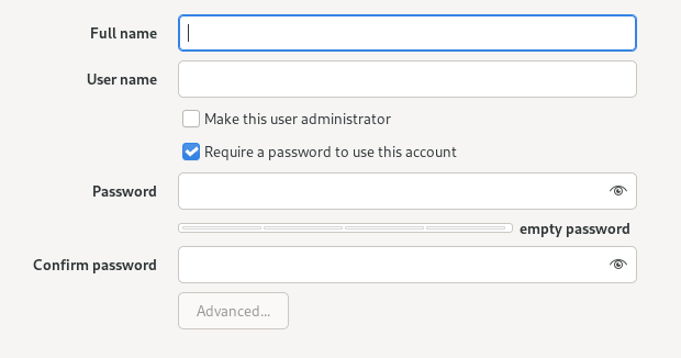 The figure shows the create user window, which includes a field for Full Name, username, a checkbox option to make the user an administrator, a checkbox option to require a password for the account, and fields to set and confirm the password. The figure shows the create user window, which includes a field for Full Name, username, a checkbox option to make the user an administrator, a checkbox option to require a password for the account, and fields to set and confirm the password.