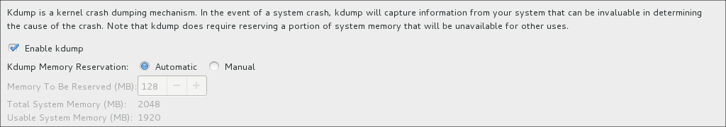 The image shows the options on the Kdump screen. At the top is a checkbox that you can select to enable Kdump, followed by options to configure the amount of memory to reserve for Kdump. The image shows the options on the Kdump screen. At the top is a checkbox that you can select to enable Kdump, followed by options to configure the amount of memory to reserve for Kdump.