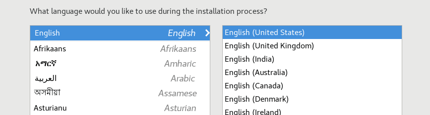 The partial image shows the Welcome Screen with options for languages and locales. The left pane lists languages while the right pane lists locales. At the bottom of the left pane is a language search box. The partial image shows the Welcome Screen with options for languages and locales. The left pane lists languages while the right pane lists locales. At the bottom of the left pane is a language search box.