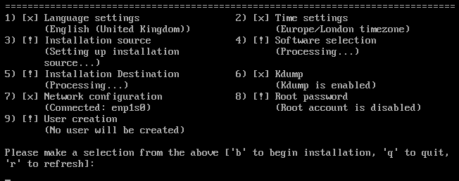 The image shows the Installation menu for a text-based installation.