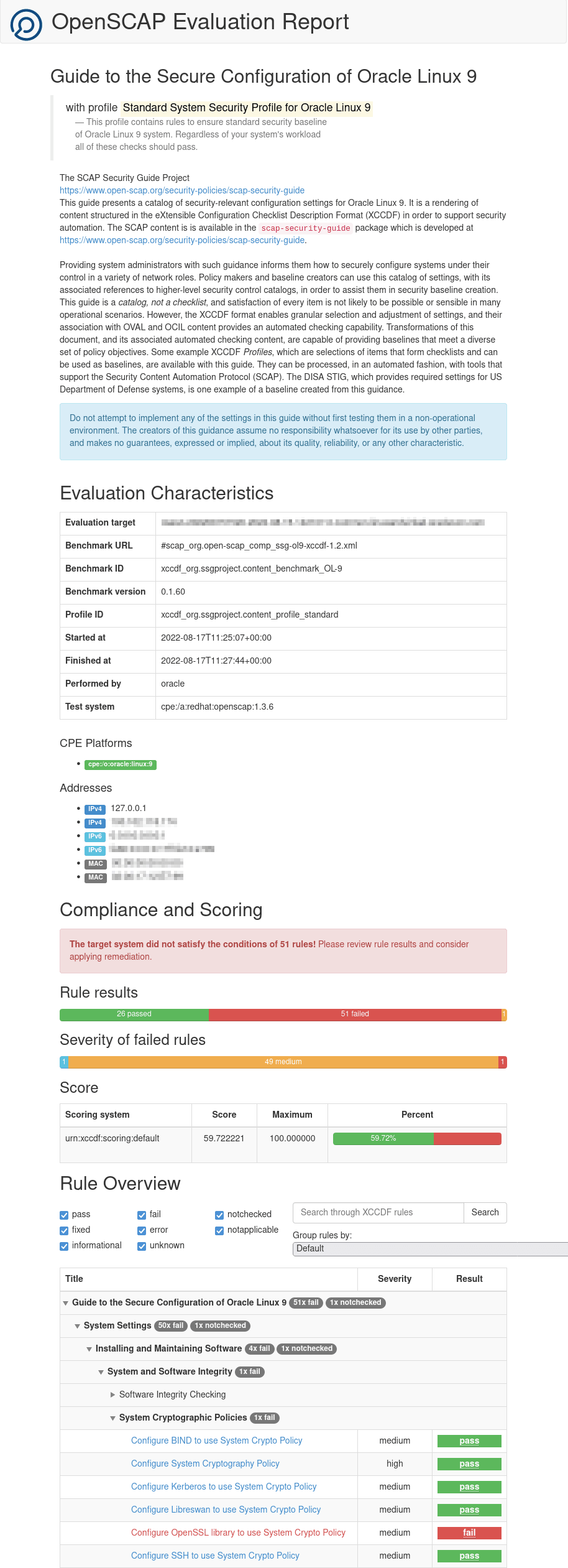 The image shows a partial view of the HTML version of a scan report generated by oscap. The top of the report contains the title and the report description. A summary information is provided based on evaluation characteristics, overall score with regards to compliance, and the severity of any reported failed flags. The rest of the report contains more detailed information about each scan action. The image shows a partial view of the HTML version of a scan report generated by oscap. The top of the report contains the title and the report description. A summary information is provided based on evaluation characteristics, overall score with regards to compliance, and the severity of any reported failed flags. The rest of the report contains more detailed information about each scan action.