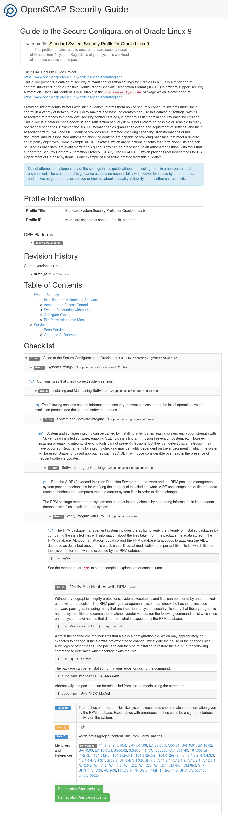 The image shows a partial view of the HTML version of a security guide generated by the oscap command. The top of the report contains the guide's title and description. The table of contents is listed, followed by the checklist that is used for generating the guide. The image shows a partial view of the HTML version of a security guide generated by the oscap command. The top of the report contains the guide's title and description. The table of contents is listed, followed by the checklist that is used for generating the guide.