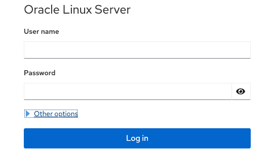 The image displays the Cockpit Login dialog, which shows the fields for Username and Password, and a field for Other options that you can optionally use to connect to a remote host. The image displays the Cockpit Login dialog, which shows the fields for Username and Password, and a field for Other options that you can optionally use to connect to a remote host.