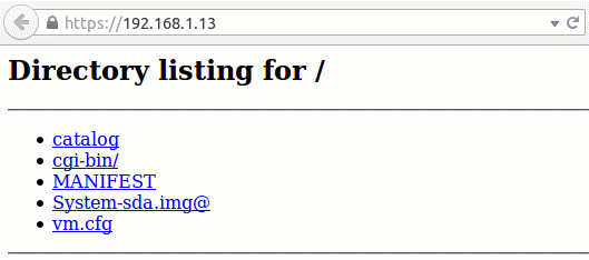 This figure shows a directory listing of the computer running the P2V utility. The directory listing shows the following files: catalog. cgi-bin/. MANIFEST. System_sda.img@. vm.cfg.