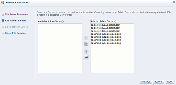 This figure shows the Add Admin Servers step of the Discover a File Servers wizard.