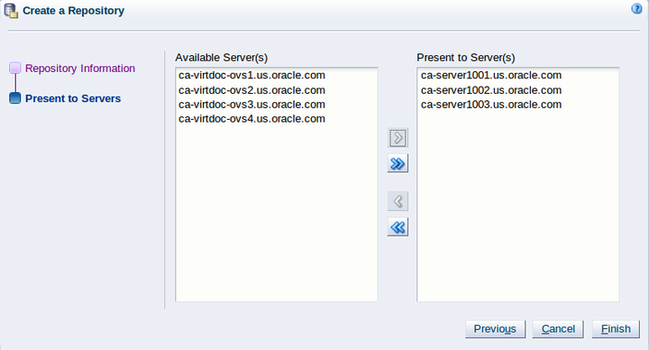 This figure shows the Create Repository, Present to Servers dialog box.