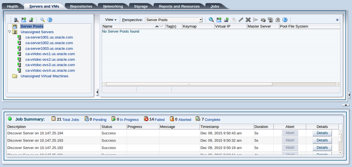 This figure shows the Servers and VMs tab displayed. The discovered Oracle VM Servers are added to the Unassigned Servers folder.