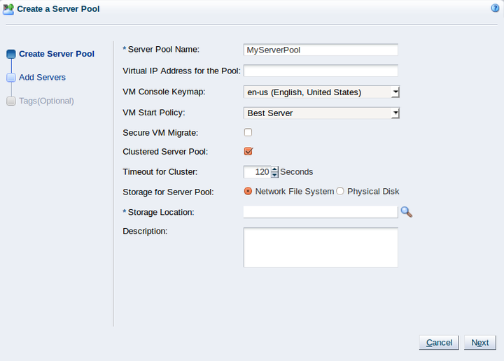 This figure shows the first step of the Create Server Pool wizard.
