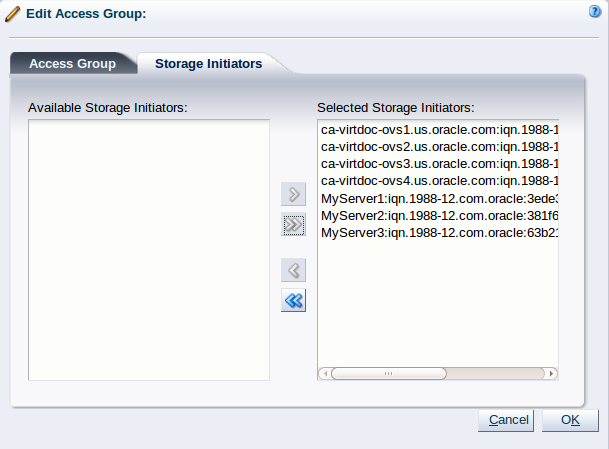 This figure shows the Storage Initiators tab displayed in the Edit Access Group dialog box.