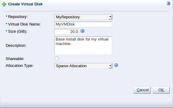 This figure shows the Create Virtual Disk dialog box step in the Create Virtual Machine wizard.