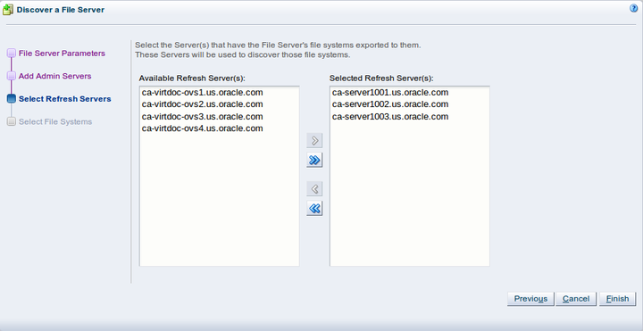 This figure shows the Select Refresh Servers step of the Discover a File Server wizard.