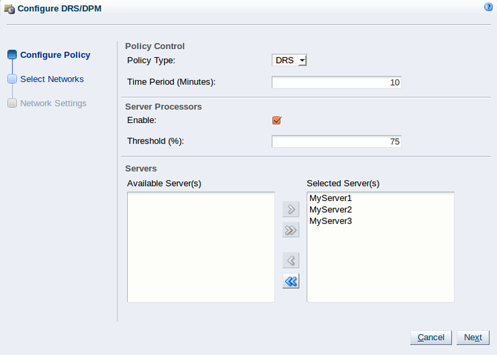 This figure shows the Configure Policy step in the Configure DRS/DPM wizard.
