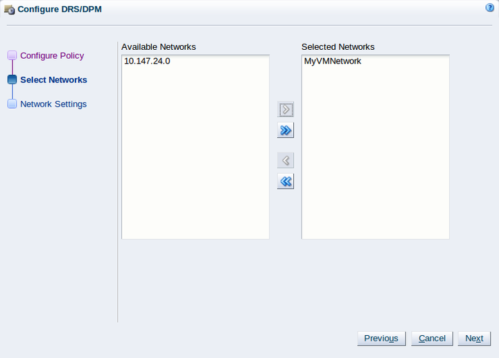 This figure shows the Select Networks step in the Configure DRS/DPM wizard.