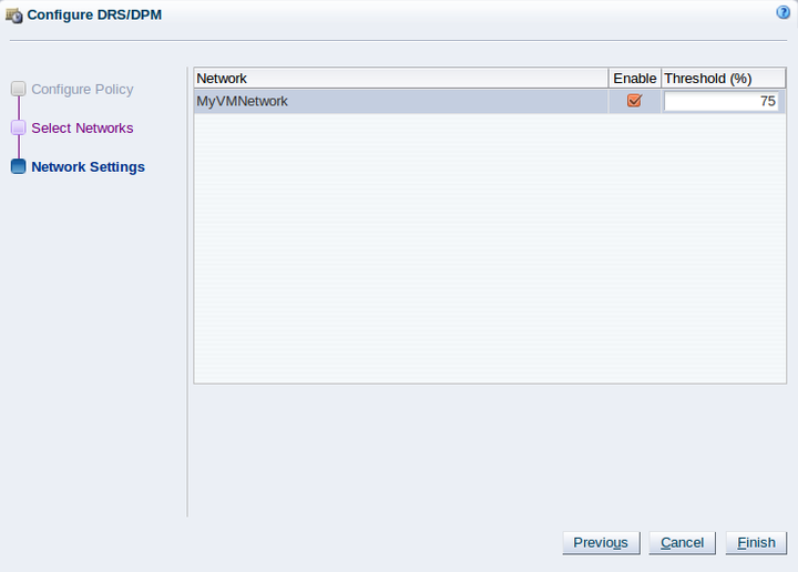 This figure shows the Network Settings step in the Configure DRS/DPM wizard.