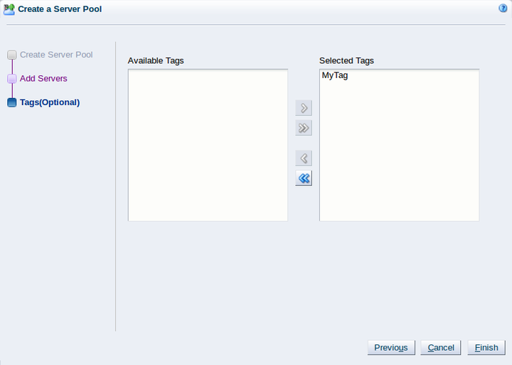 This figure shows the Tags step in the Create a Server Pool wizard.