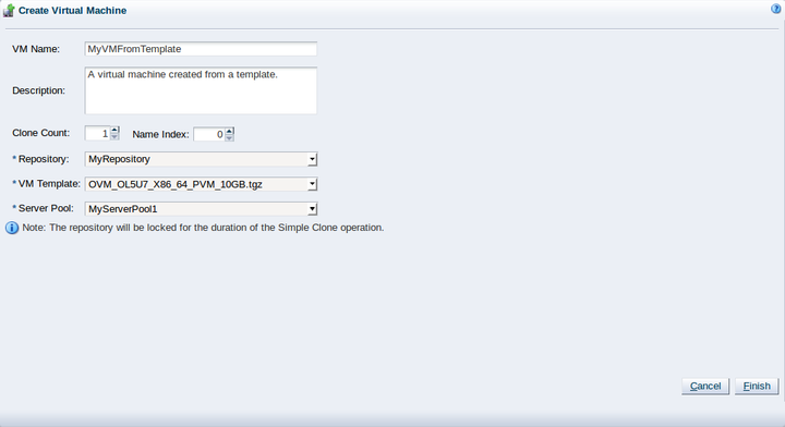 This figure shows the Create Virtual Machine wizard with the details to create a virtual machine from an existing template.