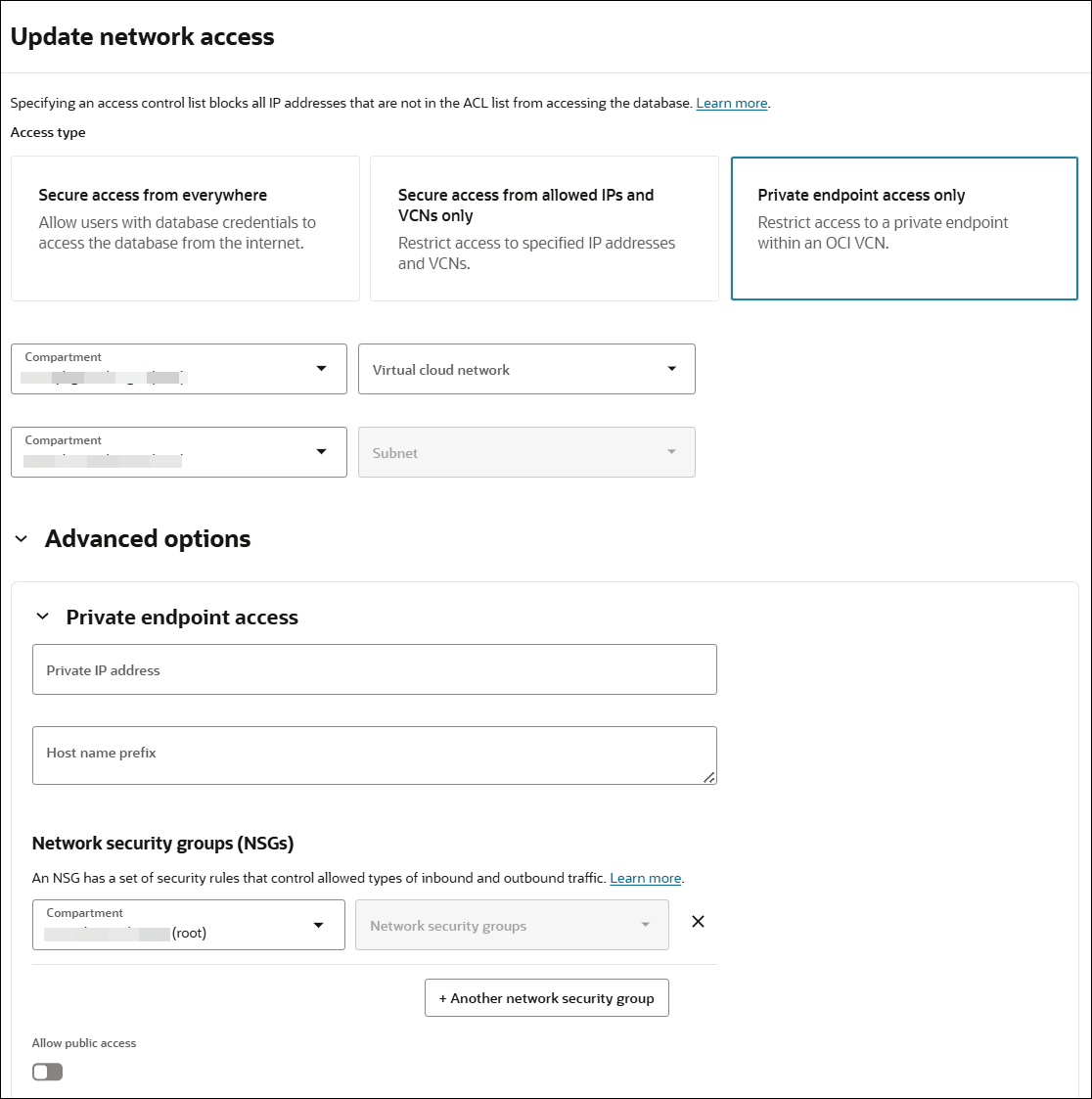 Description of adb_network_access_private_advanced.png follows Description of adb_network_access_private_advanced.png follows