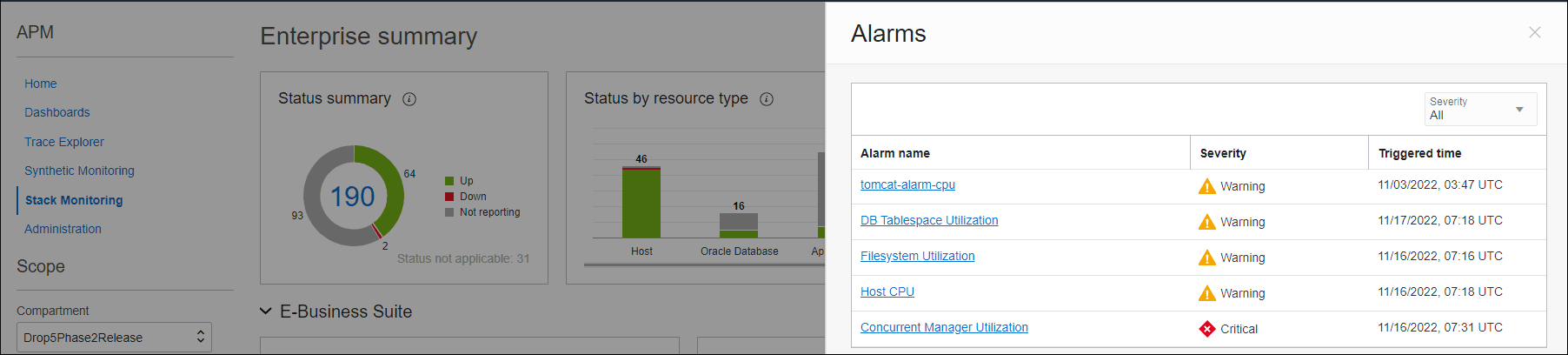 Image shows the Alarms panel. Image shows the Alarms panel.