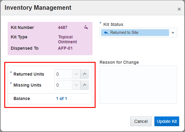 キット照合用のフィールドを含むInventory Managementポップアップ表示