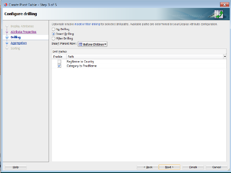 Configure drilling page of the create pivot table wizard.