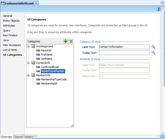 Displays the UI Categories editor page