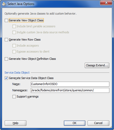 Java dialog for a view object