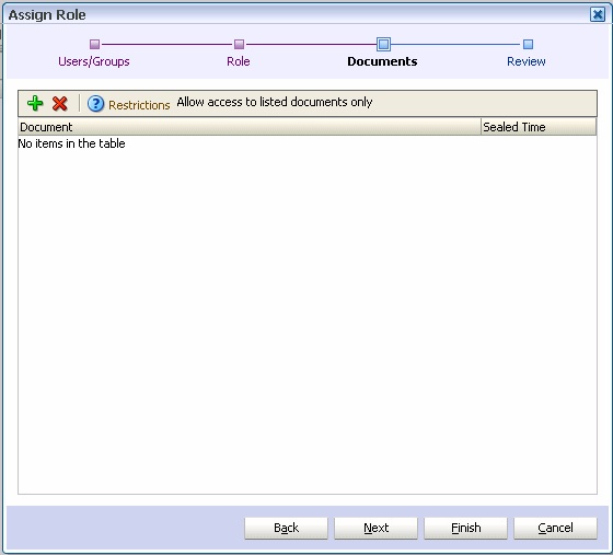 Assign Role wizard, Documents page Assign Role wizard, Documents page