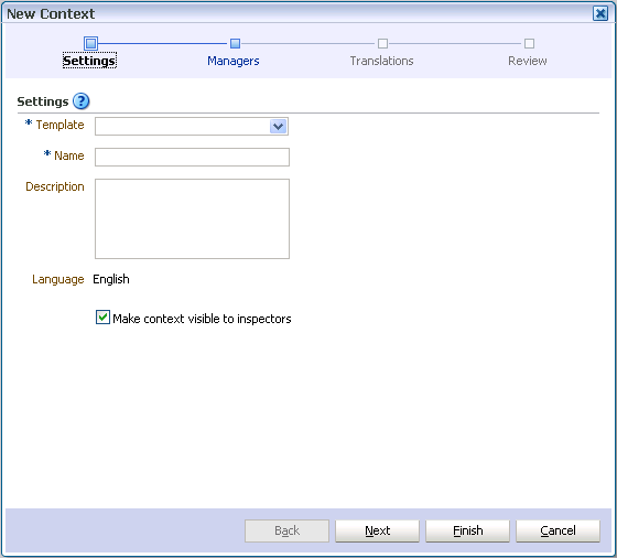 New Context wizard, Settings page New Context wizard, Settings page