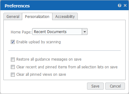 Personalization tab on Preferences dialog