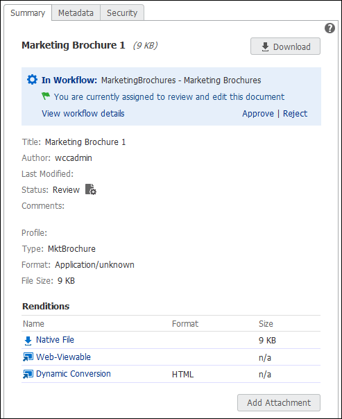 Summary tab of document properties showing workflow options.