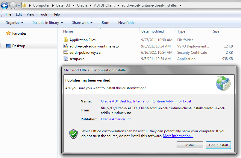 Installing runtime edition of ADF Desktop Integration