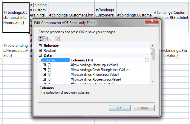 ADF Read-only Table component at design time.