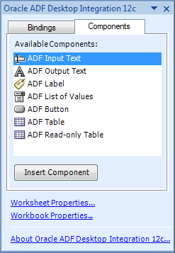 ADF Components Palette in the task pane