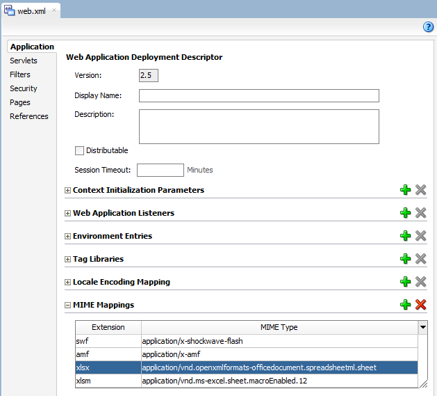 Displays Application page of deployment descriptor.