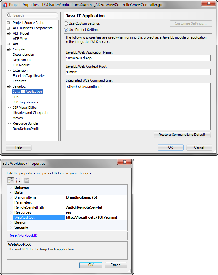 Project Properties dialog showing web context root