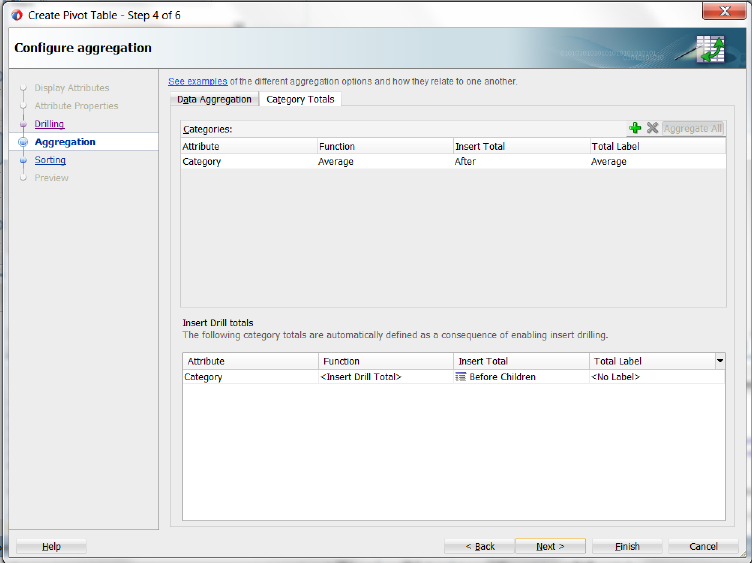 Category totals page of Create Pivot Talble wizard.