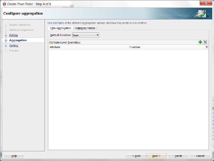 Data aggregation page of the create pivot table wizard.