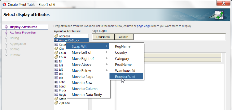 Display attributes context menu.