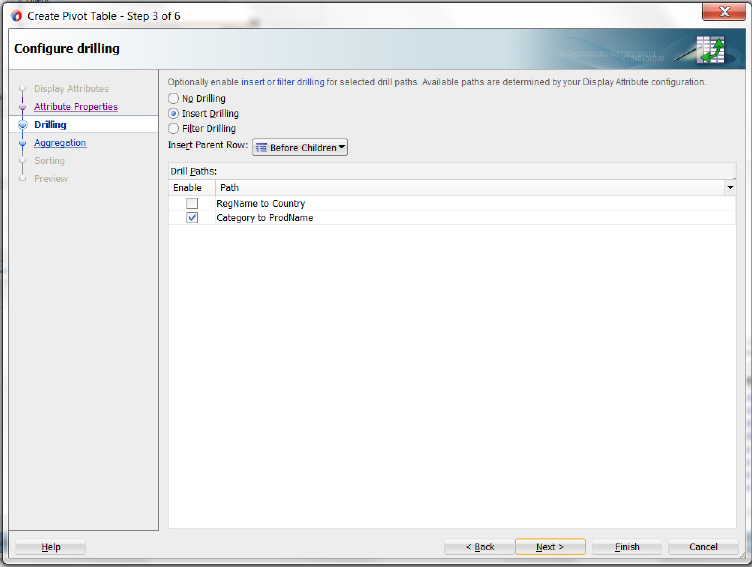 Configure drilling page of the create pivot table wizard.