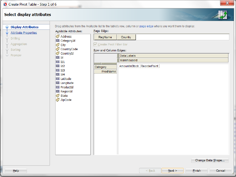 Select display attributes page of wizard.